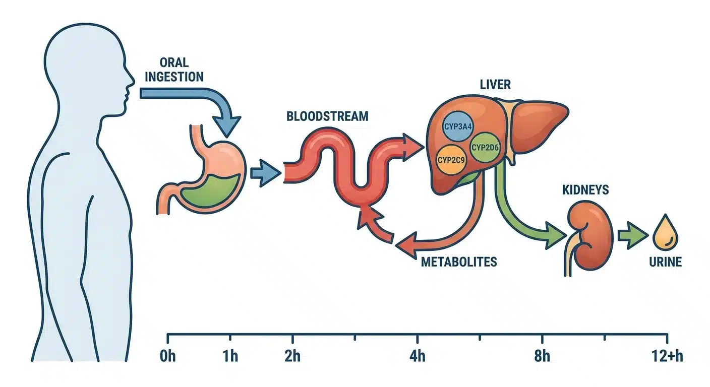 Scientific diagram showing kratom absorption metabolism and elimination pathway through the liver and kidneys with approximate timeframes