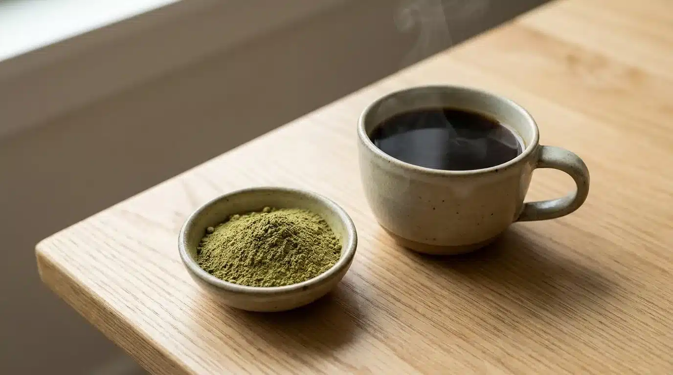 A cup of black coffee beside a small ceramic bowl of green kratom powder on a natural wood surface, showing the botanical connection between both Rubiaceae family plants