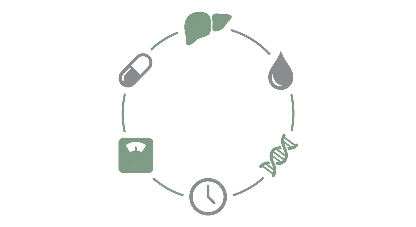 Infographic showing factors that affect how long kratom stays in your system including metabolism liver function hydration frequency of use and body composition