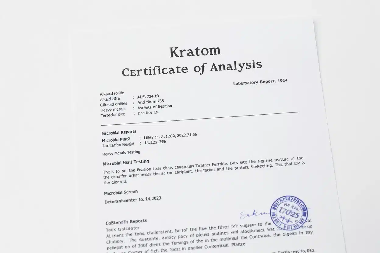 Kratom certificate of analysis COA document layout showing alkaloid profile heavy metals microbial tests and lot number for third-party lab verification