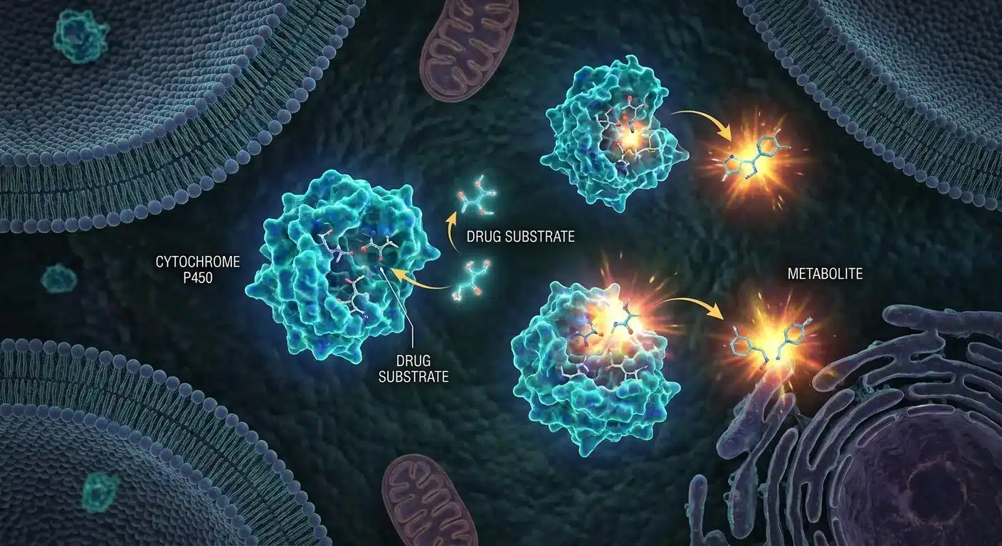 Scientific illustration of CYP enzyme molecules metabolizing drug compounds