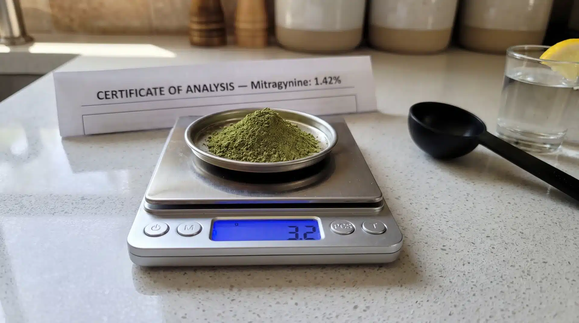Green kratom powder being weighed on a digital scale at 3.2 grams next to a third-party Certificate of Analysis showing 1.42% mitragynine