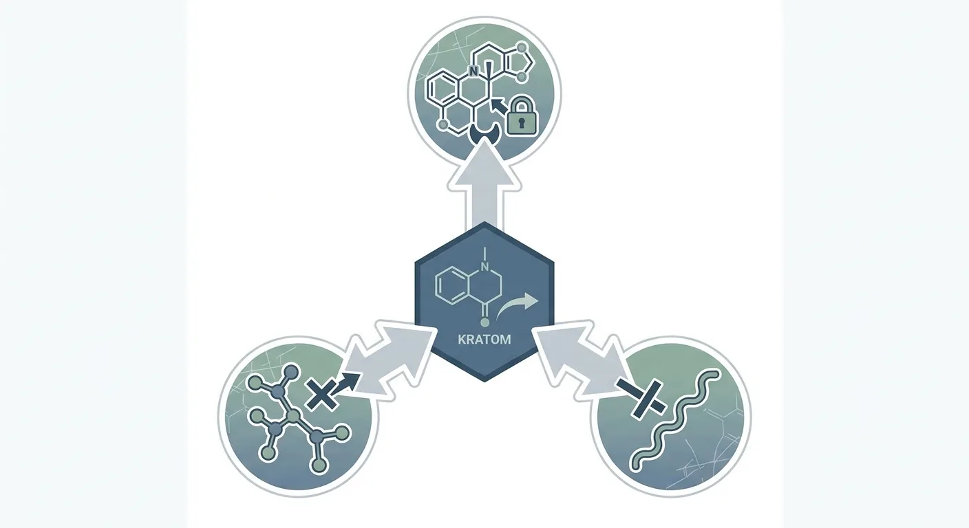 Diagram showing how kratom alkaloids inhibit CYP3A4 and CYP2D6 liver enzymes, the same pathways used to metabolize many prescription medications