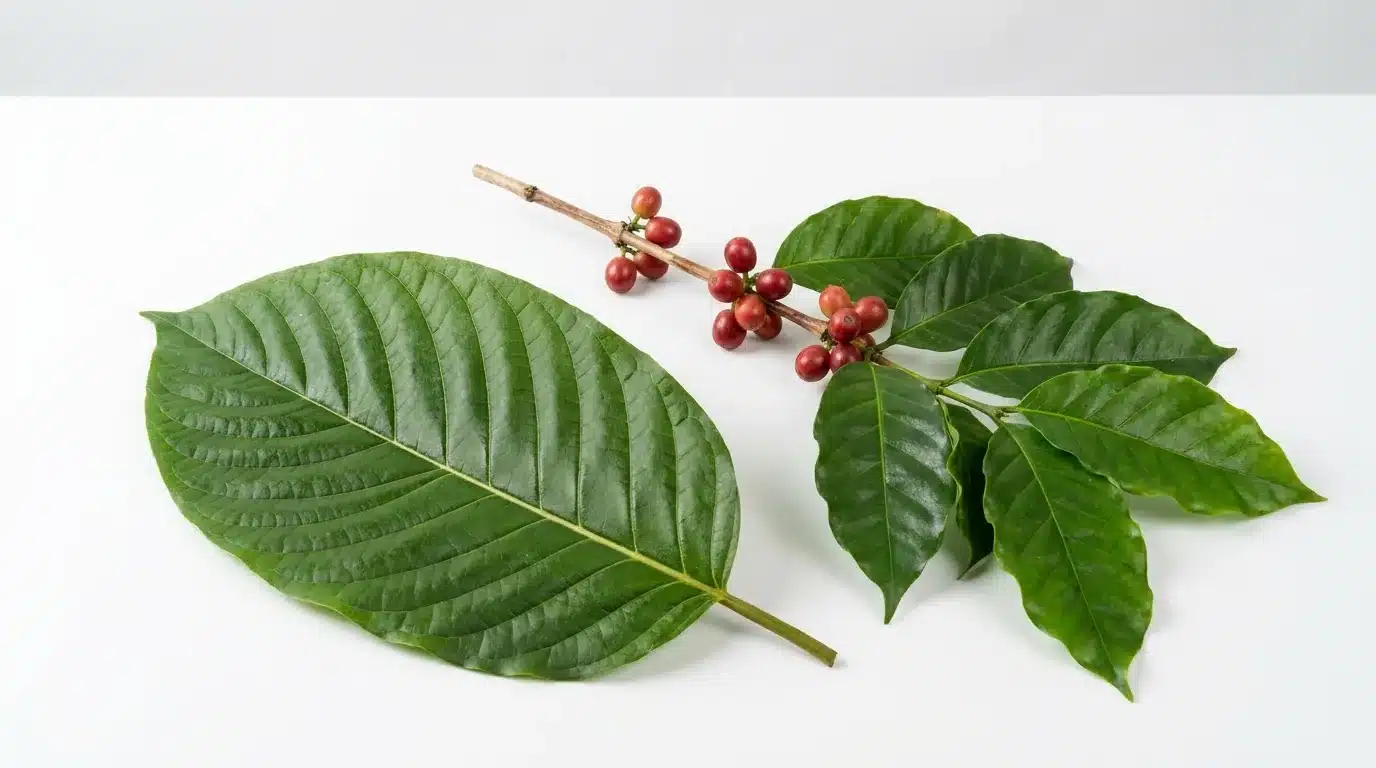 Close-up comparison of a large kratom Mitragyna speciosa leaf next to a coffee Coffea arabica branch with beans, showing the botanical similarity of the two Rubiaceae family plants