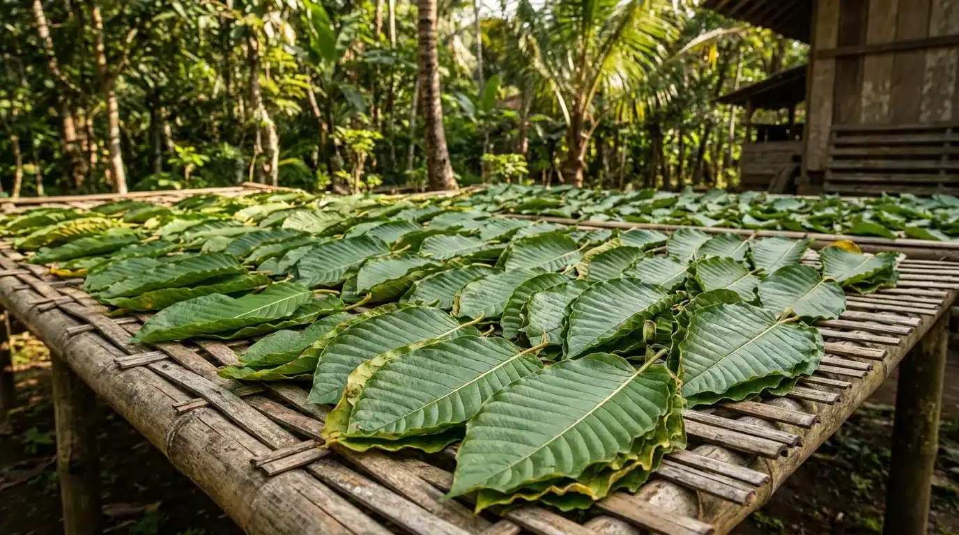 Fresh Mitragyna speciosa kratom leaves spread on a bamboo drying rack in Indonesia, showing the large broad leaf shape and prominent central vein