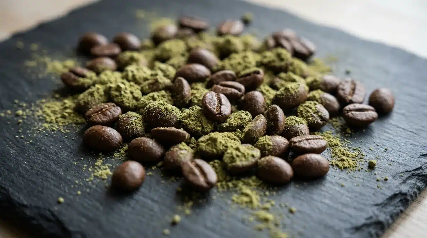 Close-up macro photograph of whole coffee beans mixed with fine green kratom powder, showing the textural contrast between the two Rubiaceae family botanicals