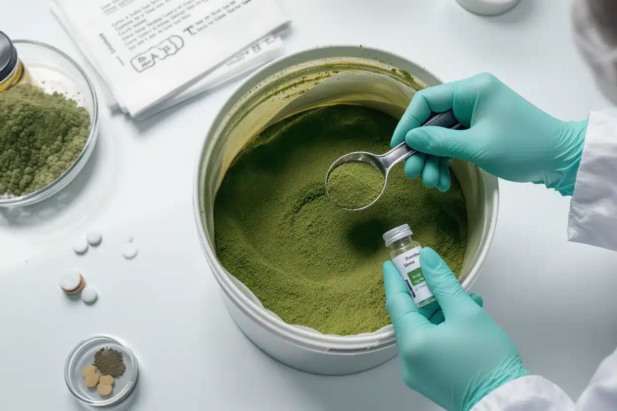Scientist sampling kratom powder for quality control testing in a clean laboratory environment with analytical instruments representing lot-level batch sampling