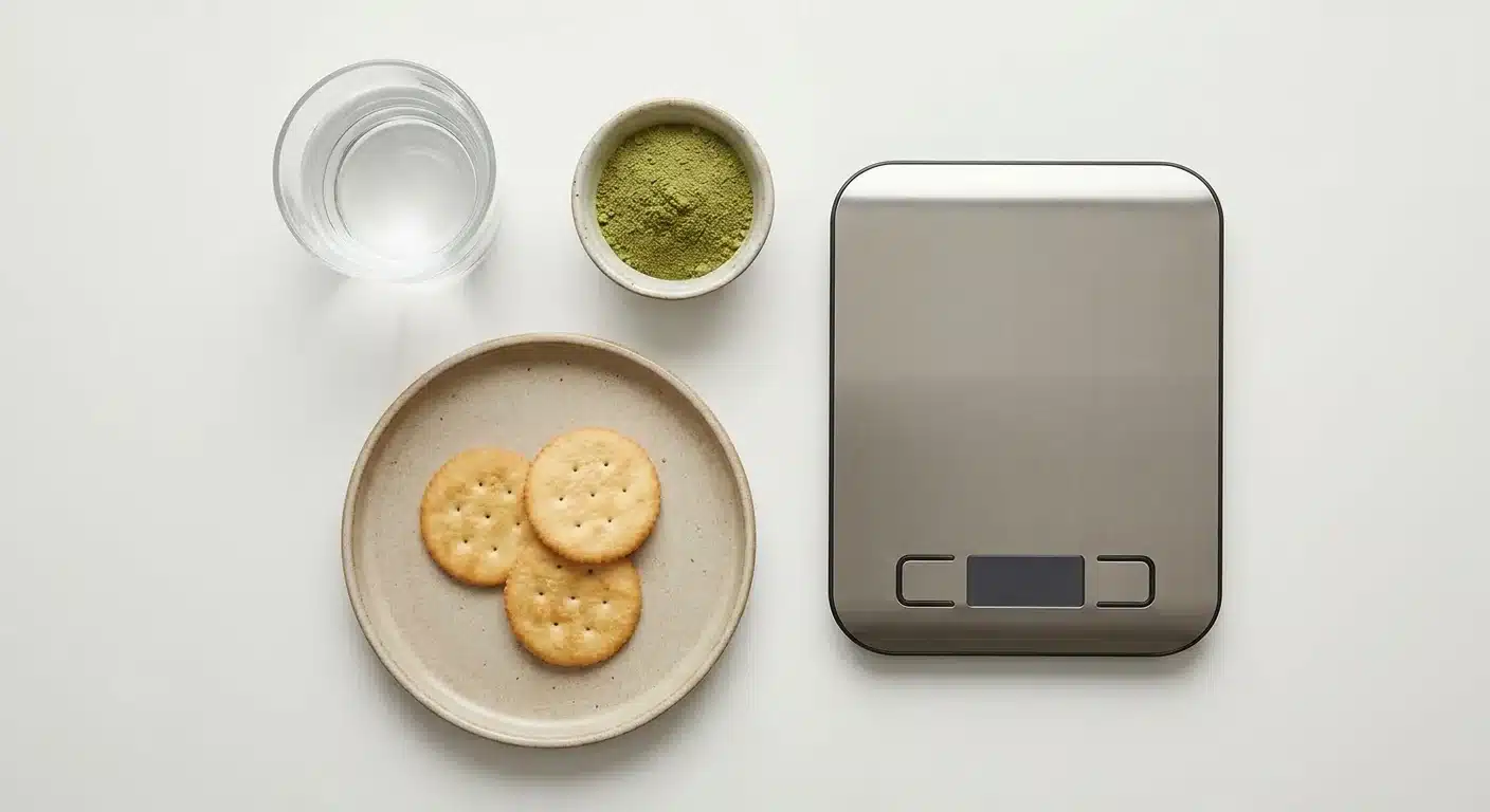 Flat lay showing water glass bowl of kratom powder crackers and digital scale representing practical strategies to minimize kratom side effects