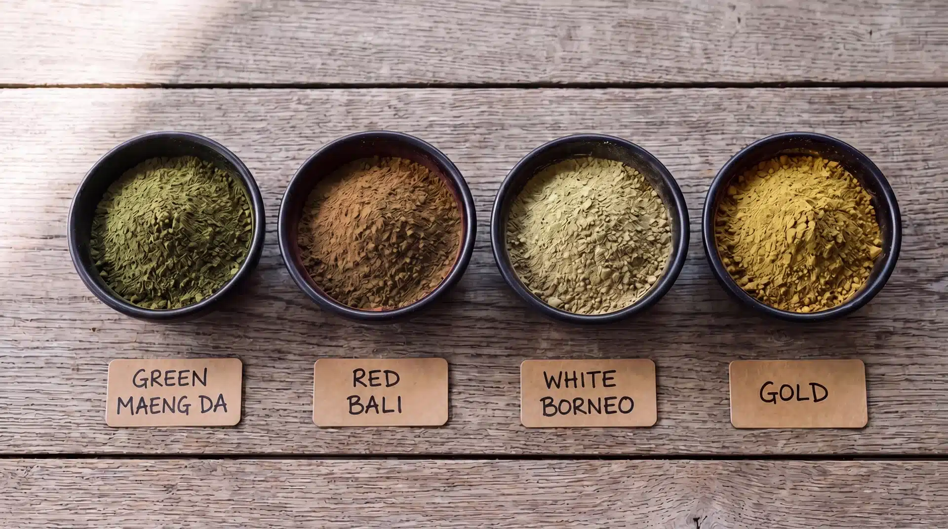 Four bowls of kratom powder — green maeng da, red bali, white borneo, and gold — arranged for strain rotation