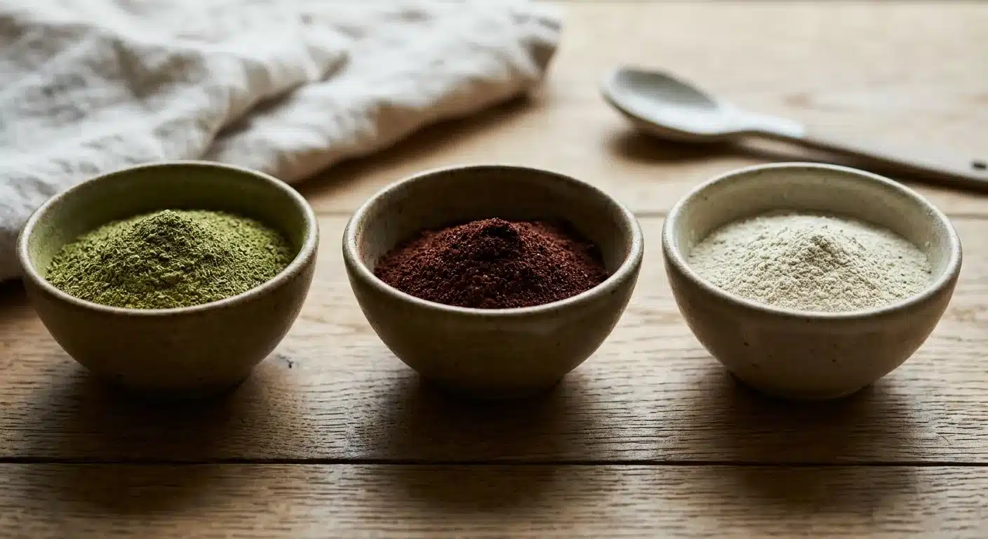 Three bowls of kratom powder in different shades representing green, red, and white vein strains used in a rotation schedule to manage tolerance