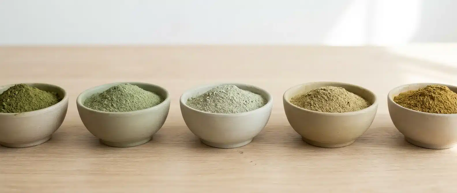 Five bowls of kratom powder showing the five main vein color varieties: red, green, white, yellow, and gold strains side by side