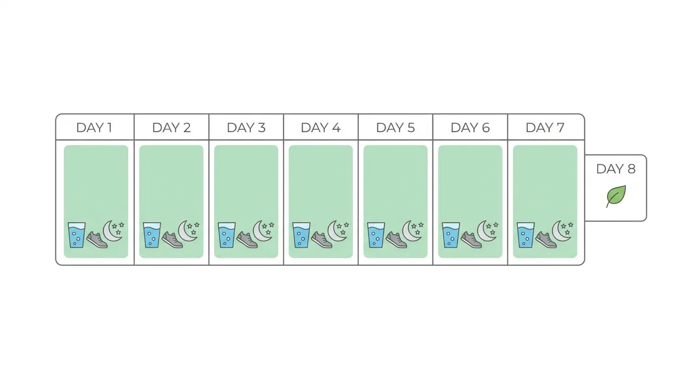 Calendar showing a structured 7-day kratom tolerance break schedule with preparation day, break days, and restart protocol