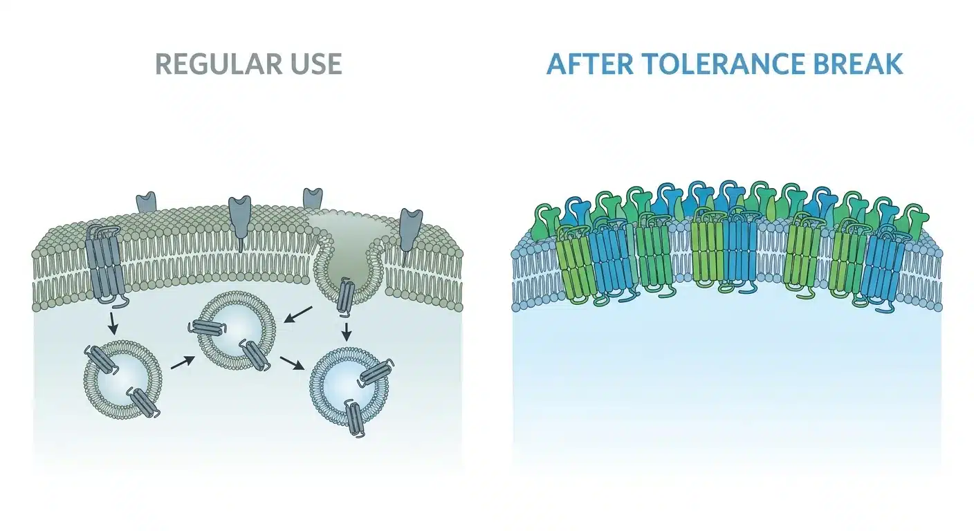 Scientific diagram showing mu-opioid receptor downregulation during regular kratom use and upregulation recovery during a tolerance break