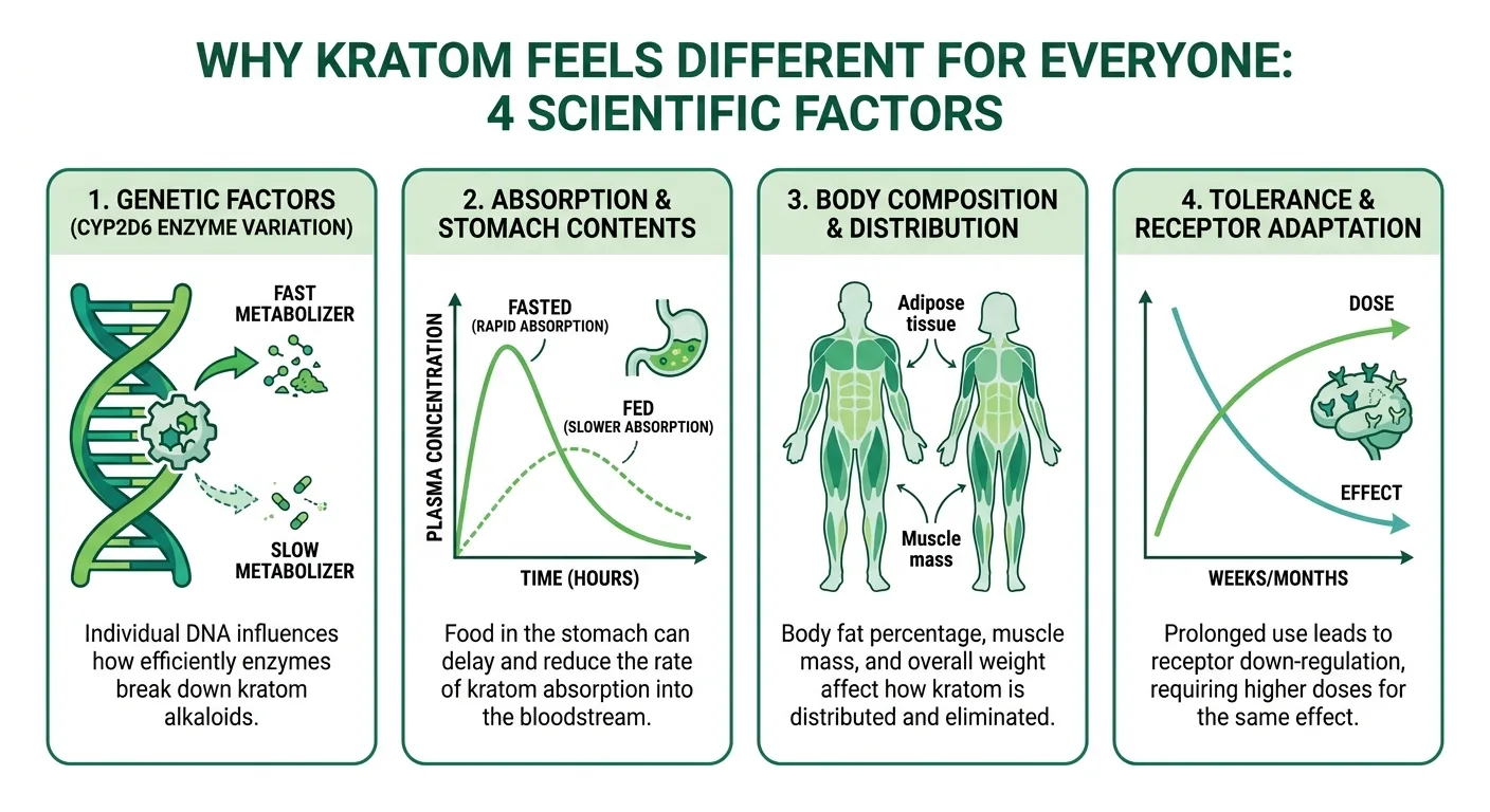 Infographic showing four pharmacological reasons why kratom feels different for each person including genetics metabolism absorption and tolerance